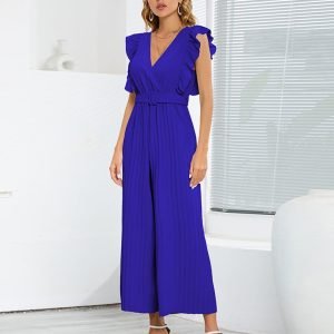Women's Ruffle Cap Sleeveless V Neck Jumpsuit With Belt/1-1-1-1-1